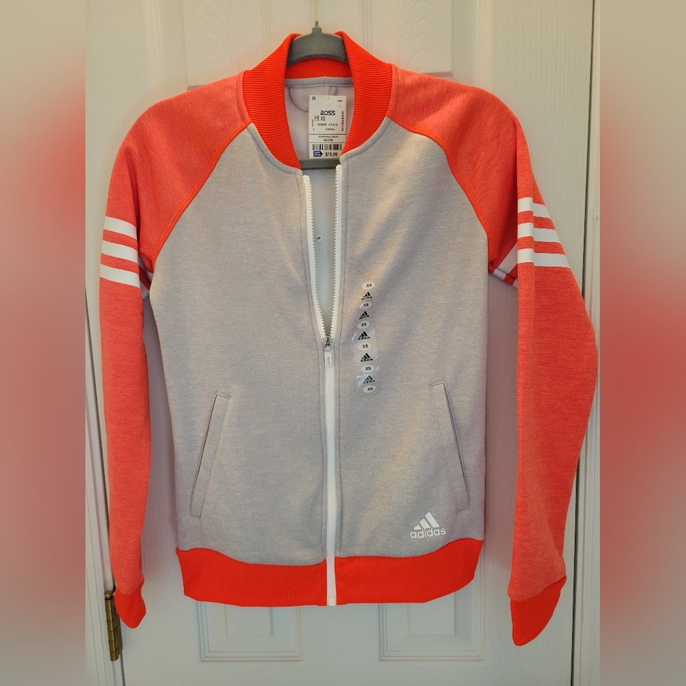 Adidas Fleece Jacket. Size: XS. Color: Light Gray/Neon Orange/White. NWT.